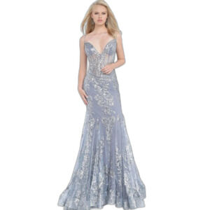 Jovani 3675 Embellished Elegant Blue Sequin Evening Gown in ink‎ size 16 formal